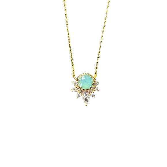 Green Opal and CZ 14k Gold Plated Deco Necklace - Picture 2 of 3